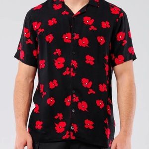 Hollister Mens Black Red Floral Button Down Short Sleeve Shirt